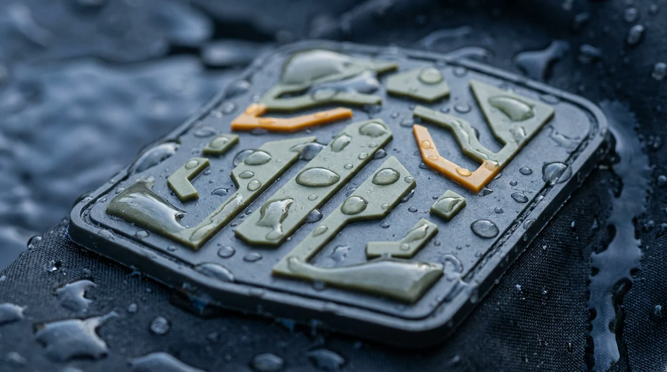 3D moulded PVC patch covered in water droplets showing waterproof rubber relief