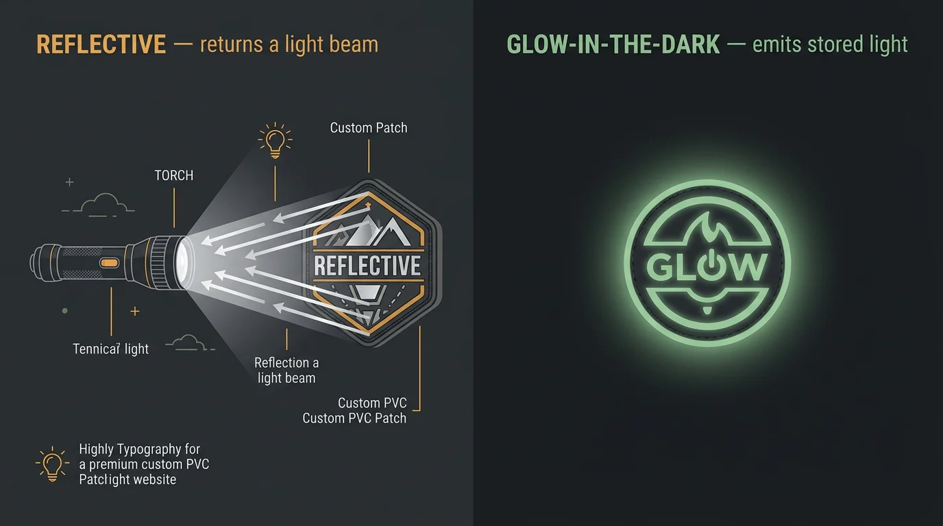 A clear
labelled comparison diagram on a dark background with two panels: left
panel titled “REFLECTIVE — returns a light beam” showing a torch and
arrows bouncing back, right pane