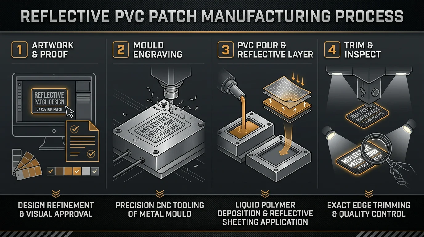 A four-stage horizontal
process strip for reflective PVC patch production with clear label
strings: “1 ARTWORK & PROOF”, “2 MOULD ENGRAVING”, “3 PVC POUR &
REFLECTIVE LAYER”, “4 TR