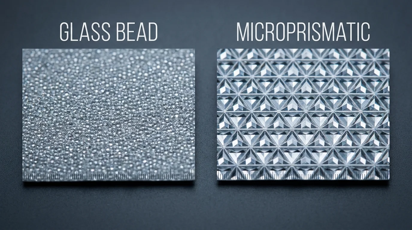 A macro
technical comparison image of two reflective material surfaces side by
side, left labelled “GLASS BEAD” showing tiny spherical beads, right
labelled “MICROPRISMATIC” showin
