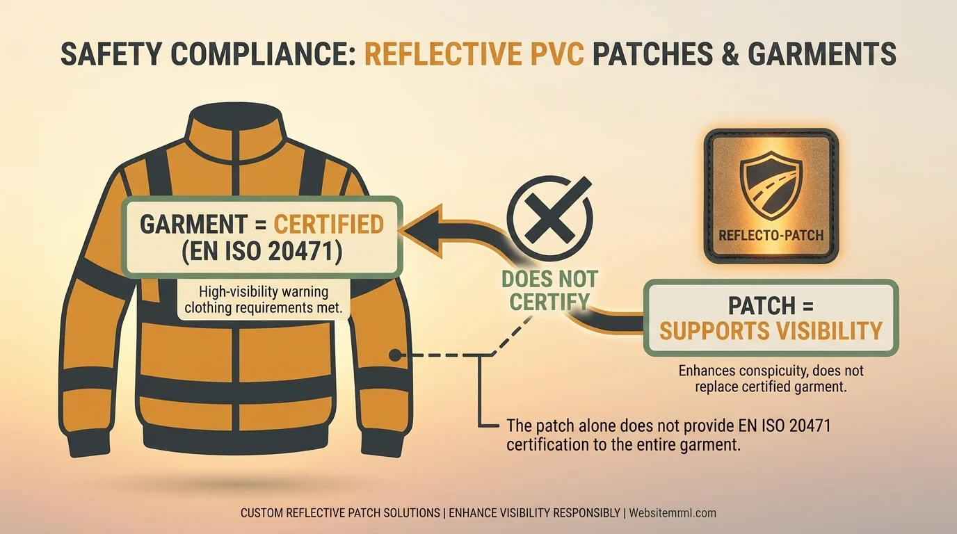 A simple
explanatory diagram on a light background showing a complete
high-visibility jacket labelled “GARMENT = CERTIFIED (EN ISO 20471)” and
a small reflective patch labelled “PA