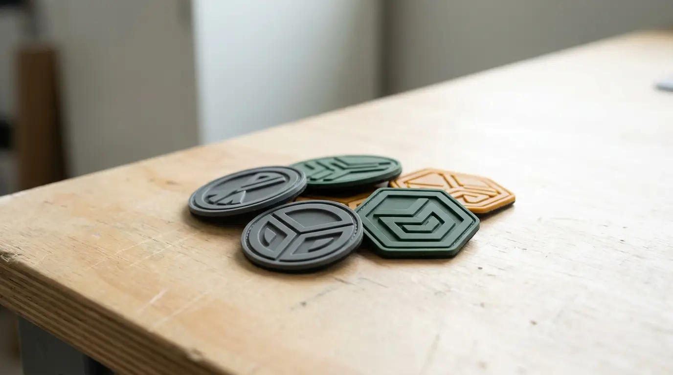 A small batch of custom PVC patches on a UK workbench