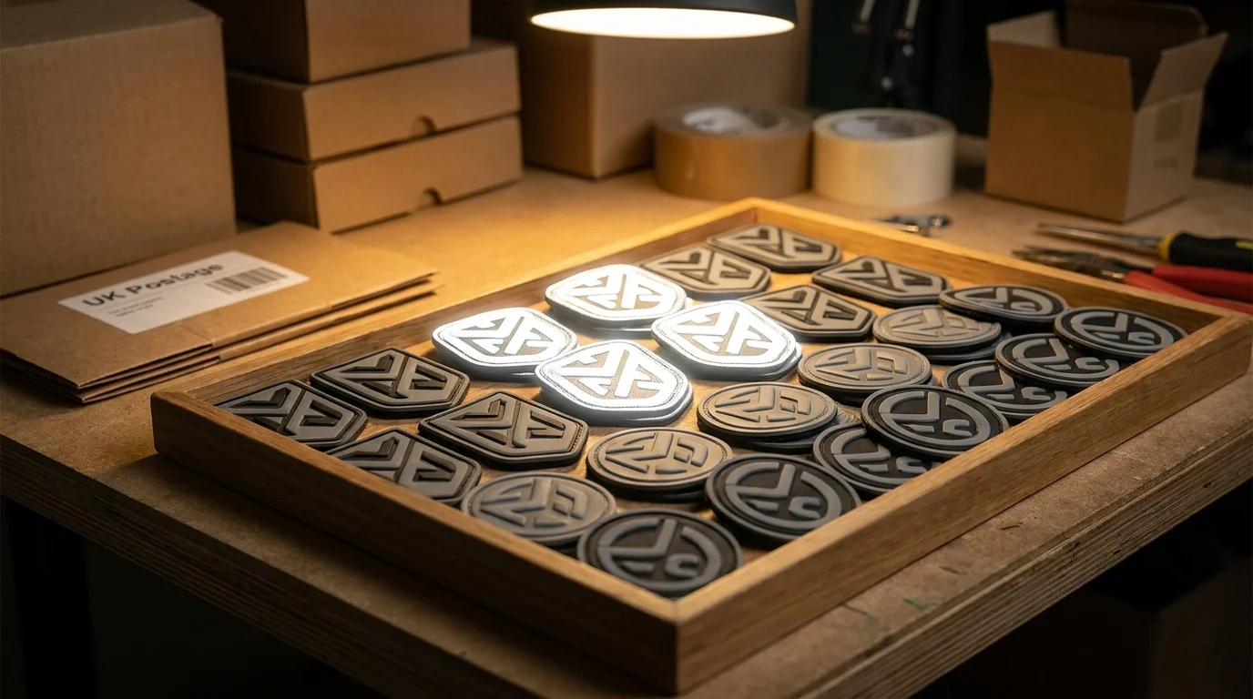 A tray of finished custom
reflective PVC patches ready for despatch, several catching a light
source and flaring bright, UK packaging feel, warm workshop lighting,
premium product 