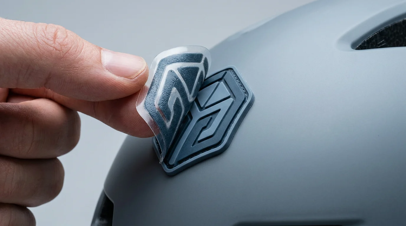 Adhesive-backed PVC patch applied to a hard helmet surface
