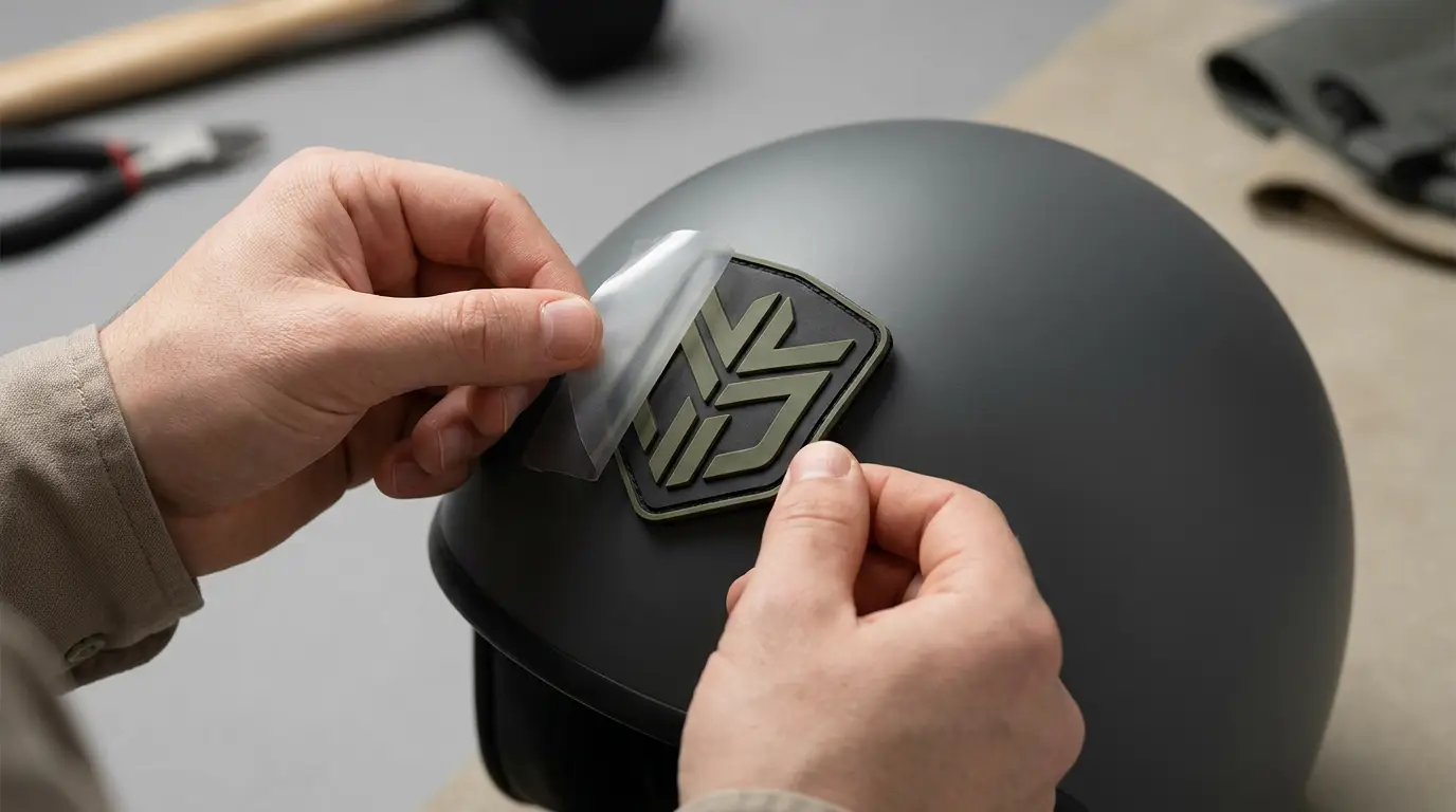 Adhesive-backed PVC patch being positioned onto a smooth helmet shell