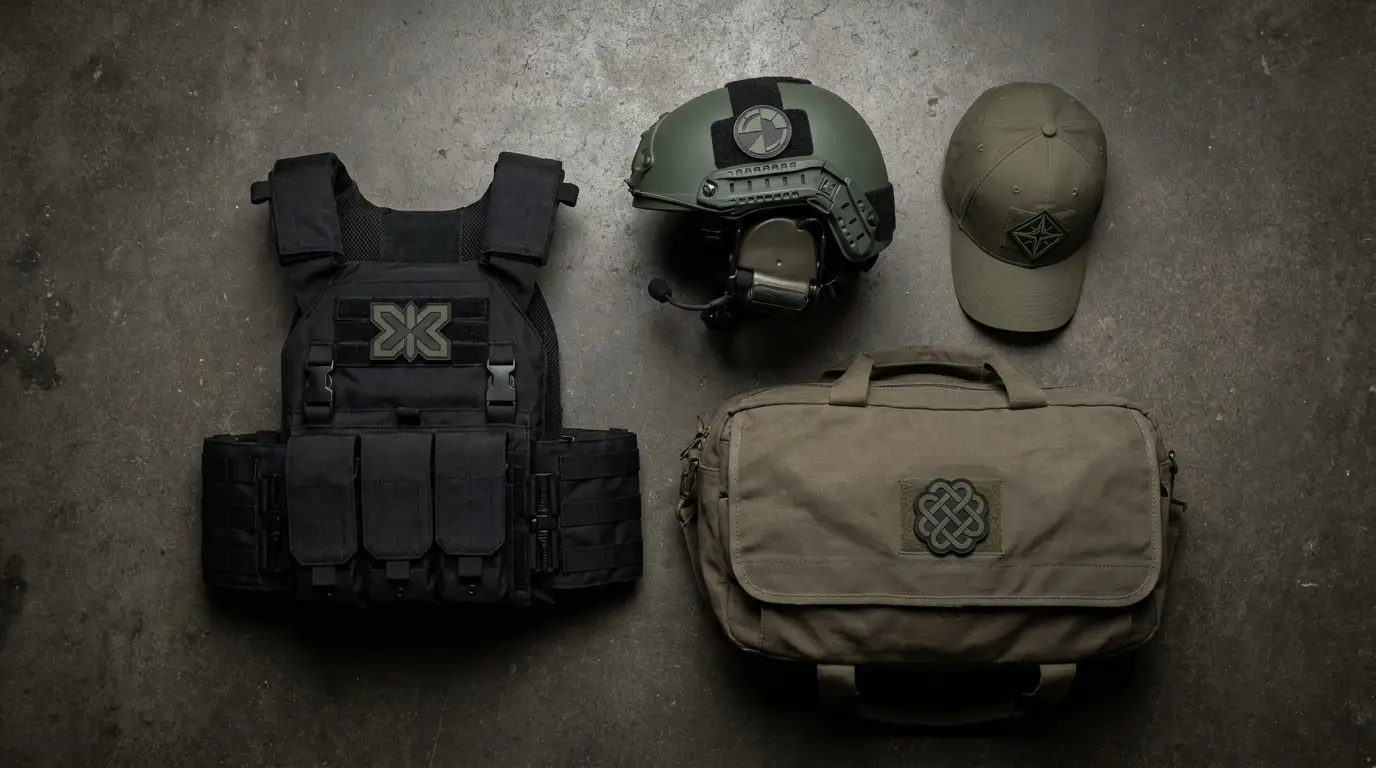 Airsoft loadout flat-lay showing PVC patch placement on gear