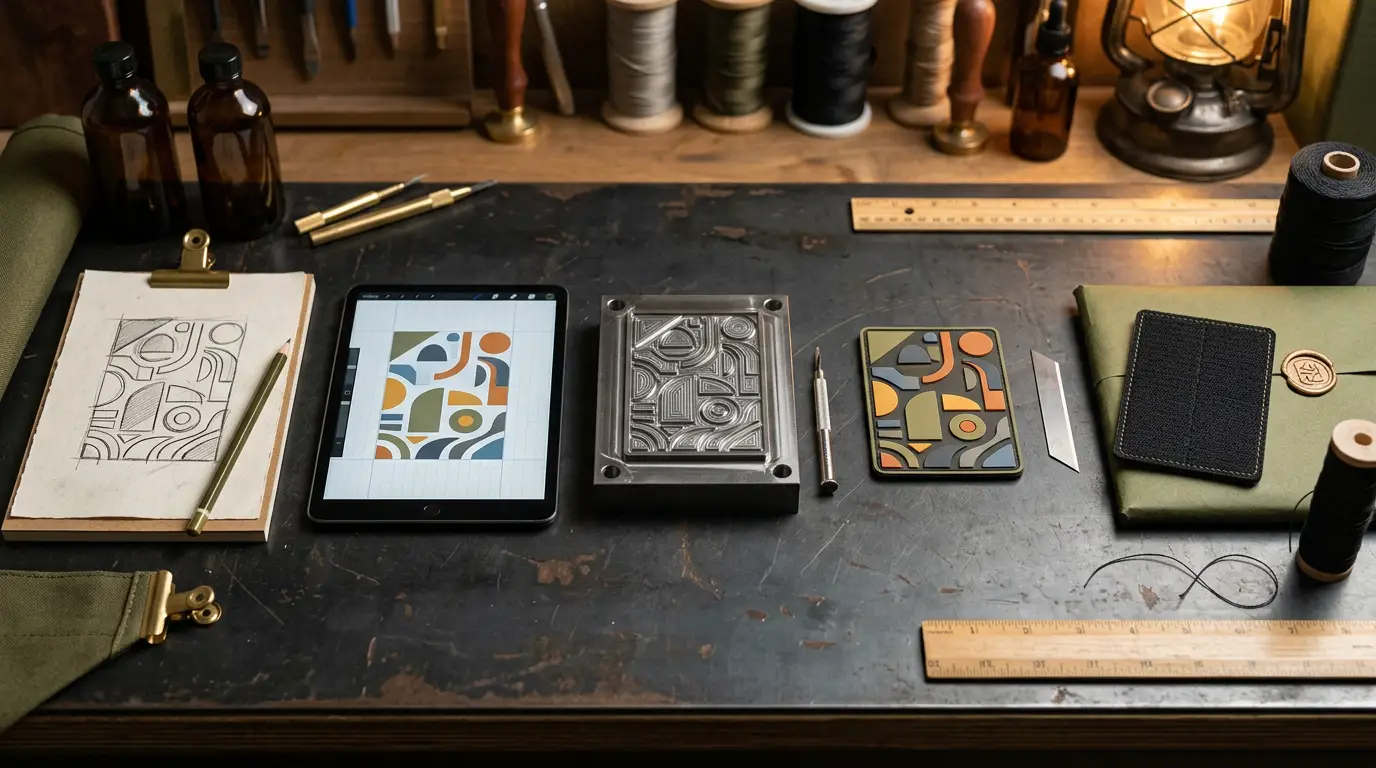Artwork, digital proof, mould and finished Velcro-backed PVC patch arranged as an ordering process