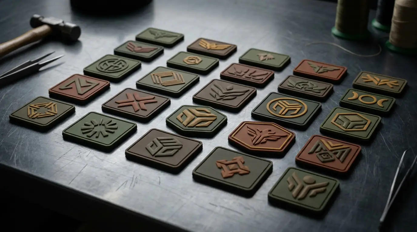 Assorted custom PVC rubber patches in 2D and 3D relief arranged on a gunmetal workbench