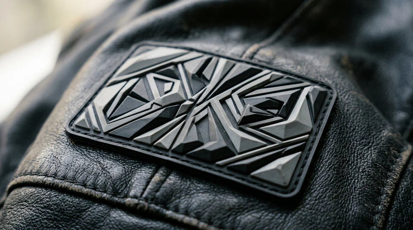 Close-up of a moulded PVC motorcycle patch on black leather