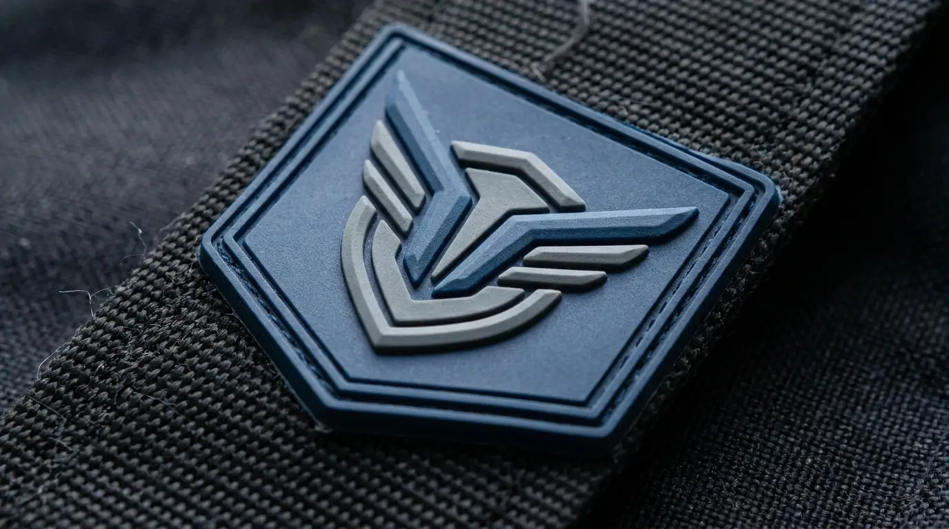 Close-up of a moulded sports club crest PVC patch showing raised rubber relief and die-cut edge