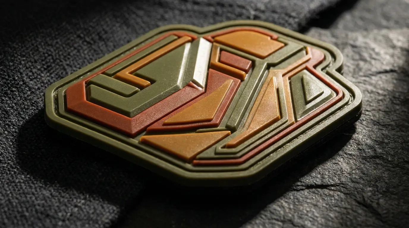 Close-up of moulded PVC patch relief showing crisp rubber detail and sealed edges