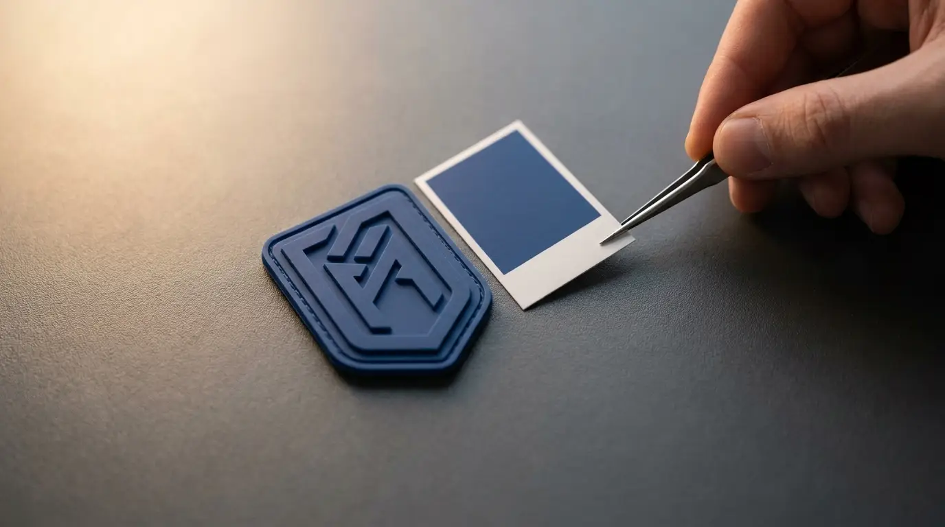 Colour reference chip beside an identically matched moulded PVC patch