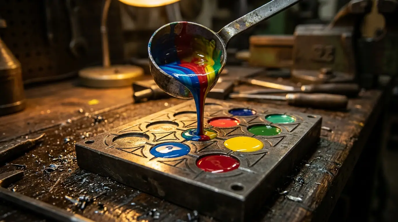 Coloured liquid PVC being poured into separate mould recesses
