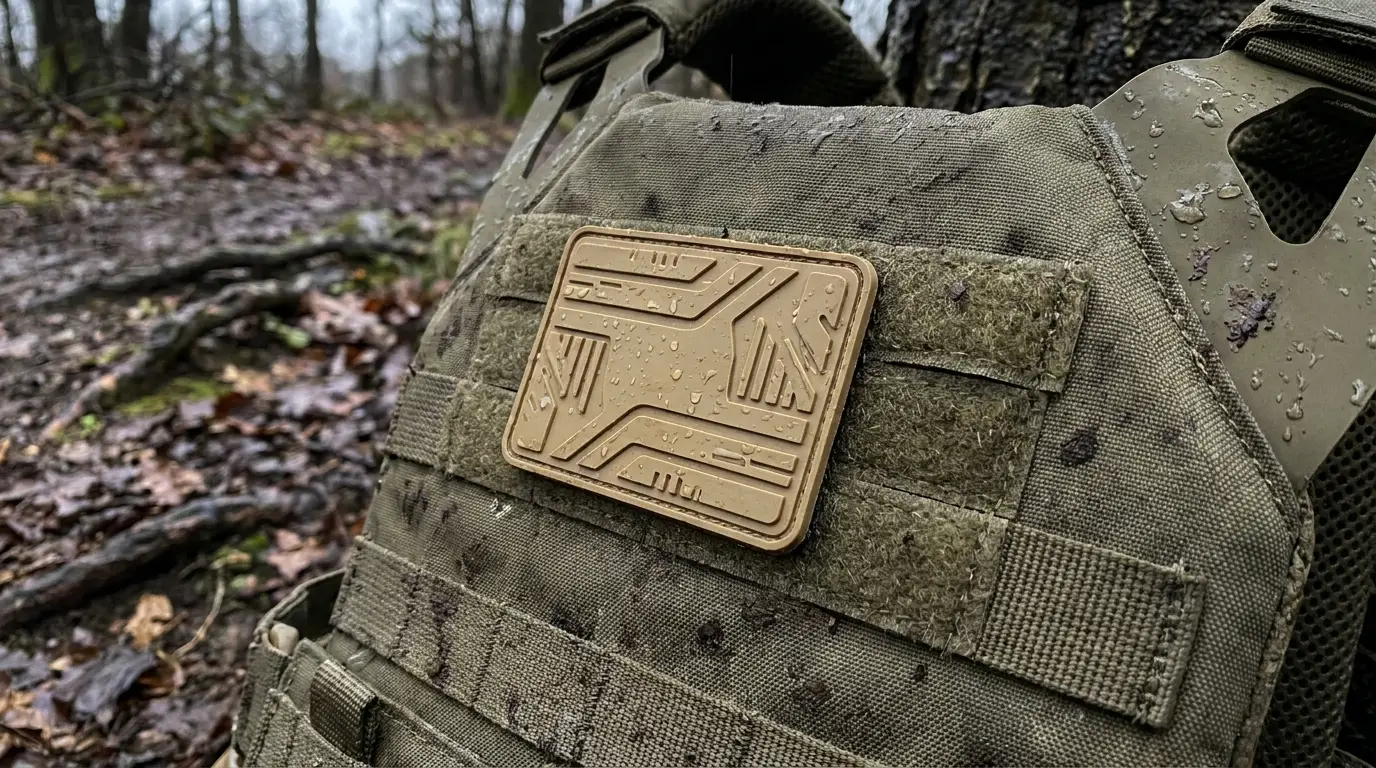 Coyote-tan PVC patch on a plate carrier in wet woodland conditions