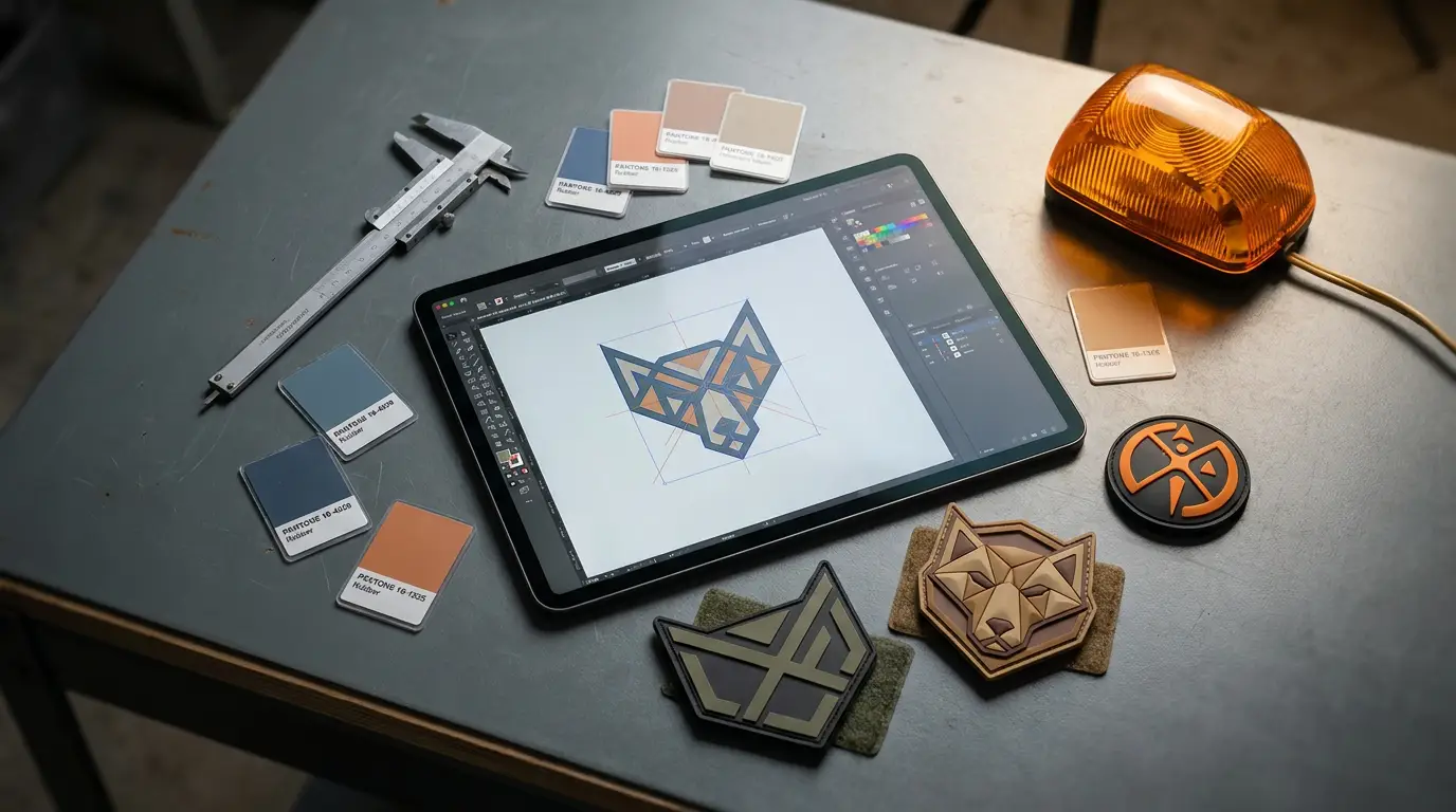 Custom PVC patch design workflow with tablet artwork, colour swatches and finished rubber patches on a workbench