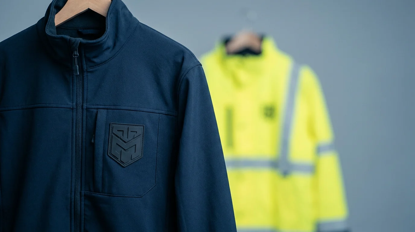 Custom PVC patch on a corporate workwear softshell jacket