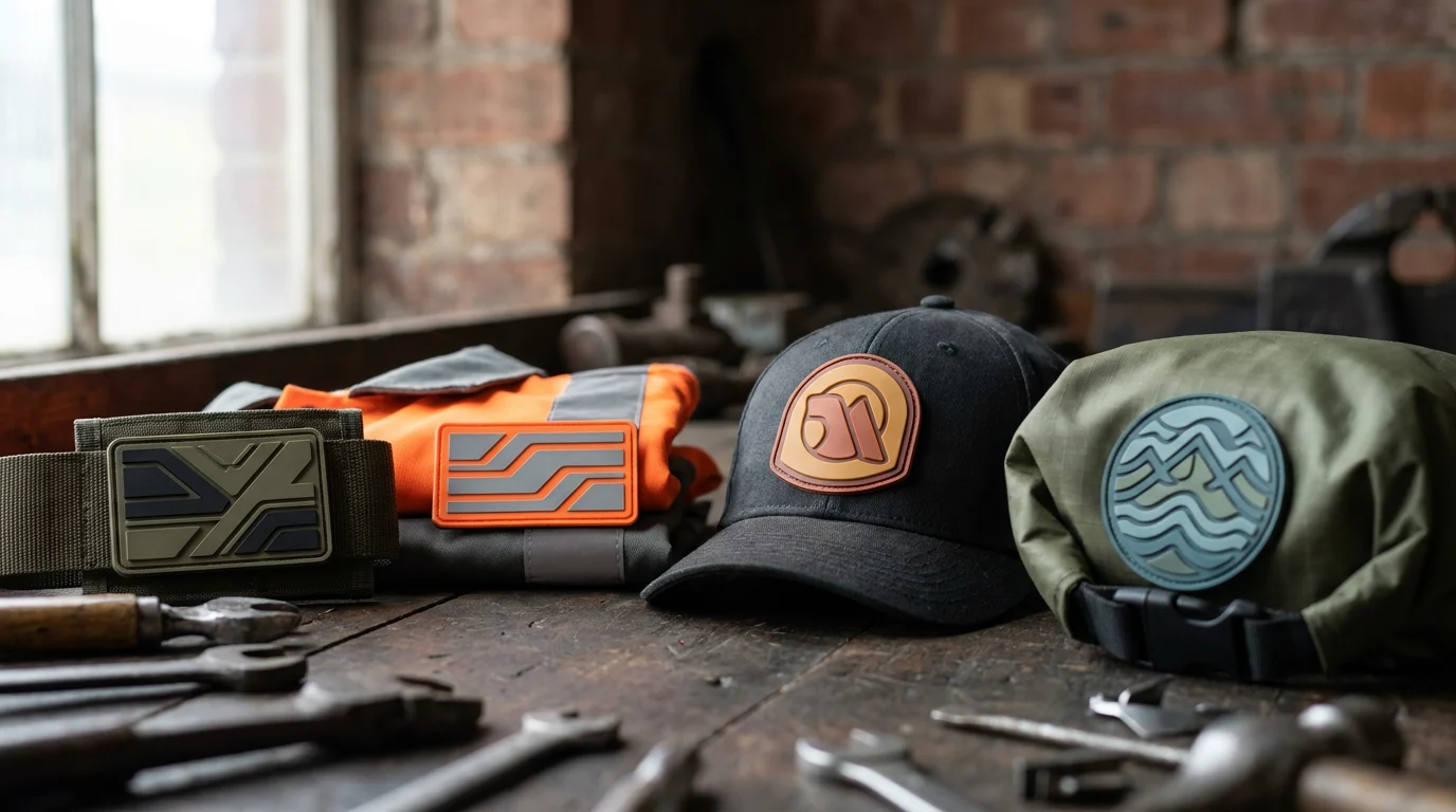 Custom PVC patches arranged by UK application including tactical, workwear, streetwear and outdoor gear