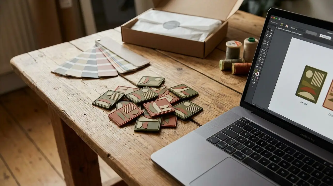 Custom PVC patches beside a digital proof, colour swatches and despatch box on a workbench