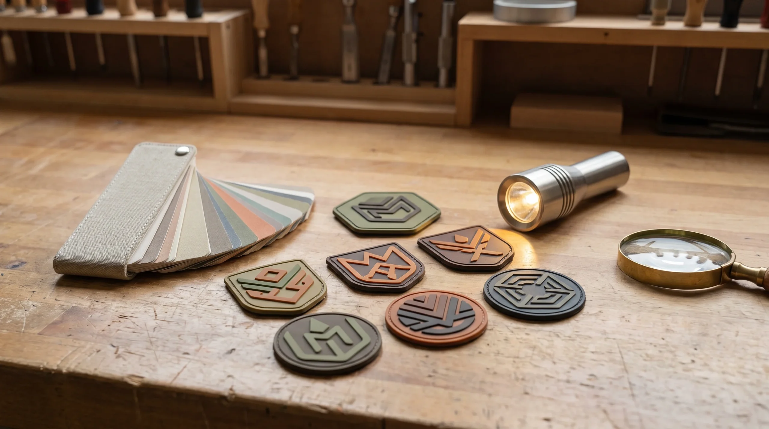 Custom PVC patches beside quality-control tools on a UK workshop bench