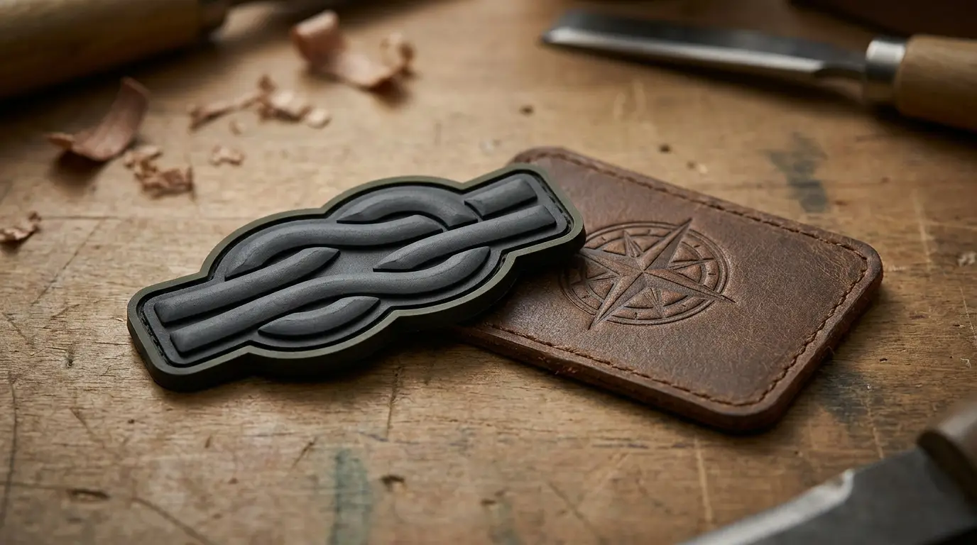 Custom PVC rubber patch and leather patch side by side on a workbench