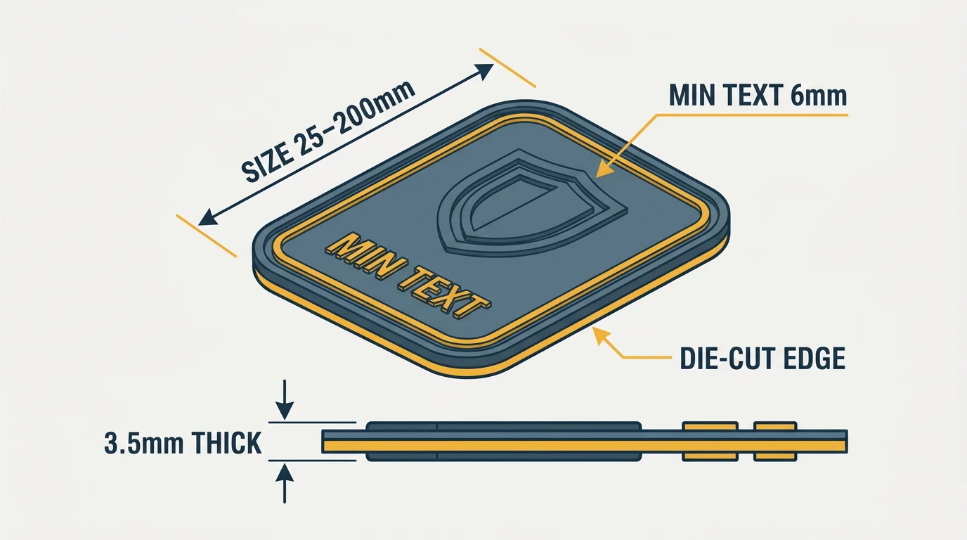 Design guide for 3D PVC patches showing minimum text height and size range