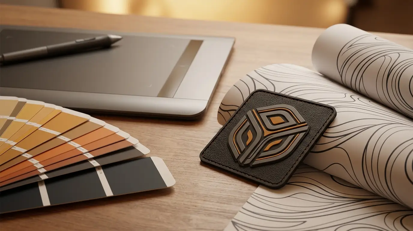 Designer desk with graphics tablet, colour swatches and a moulded PVC patch on vector artwork