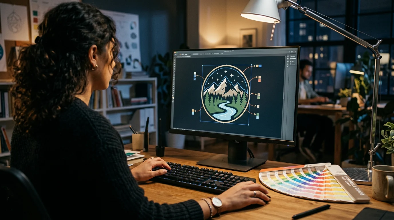 Designer preparing patch artwork and a digital proof on screen