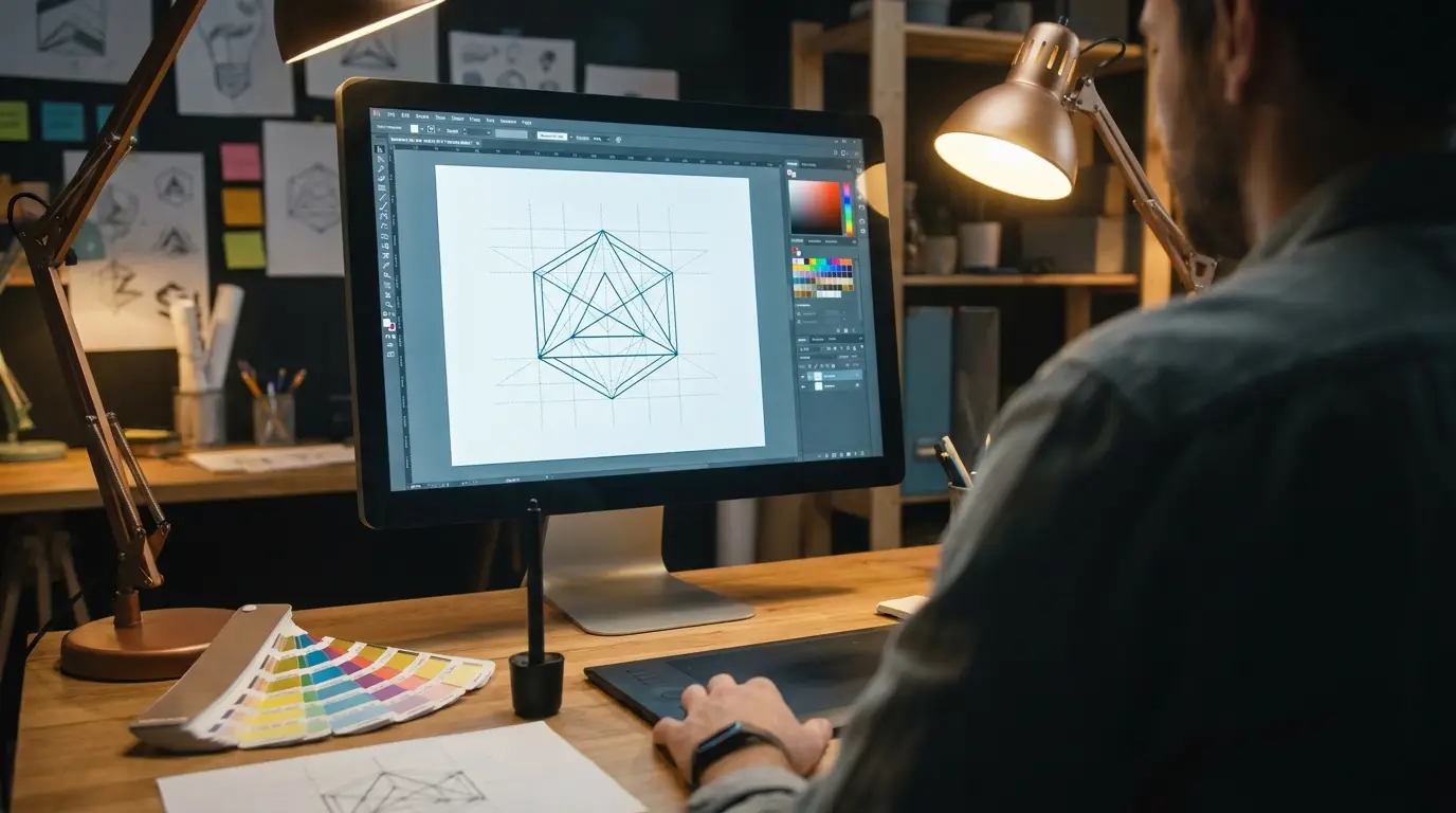 Designer workstation showing a vector patch outline on screen at the proof stage