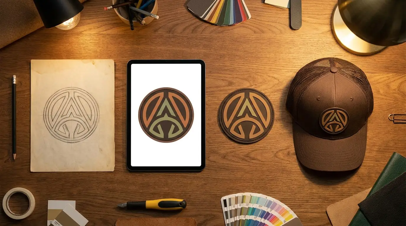 Designer's desk showing the ordering journey from sketch to finished cap