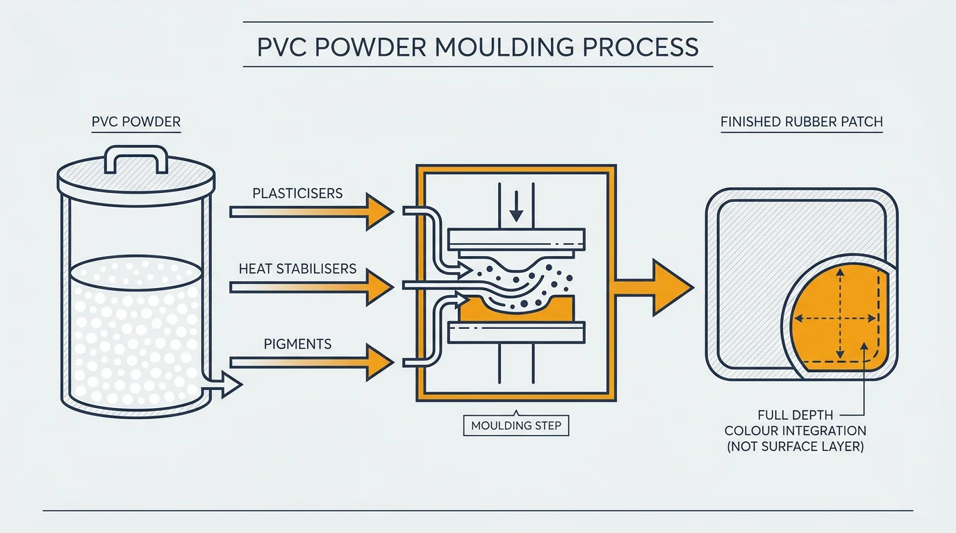 Diagram of PVC patch material showing plasticisers, stabilisers and pigment