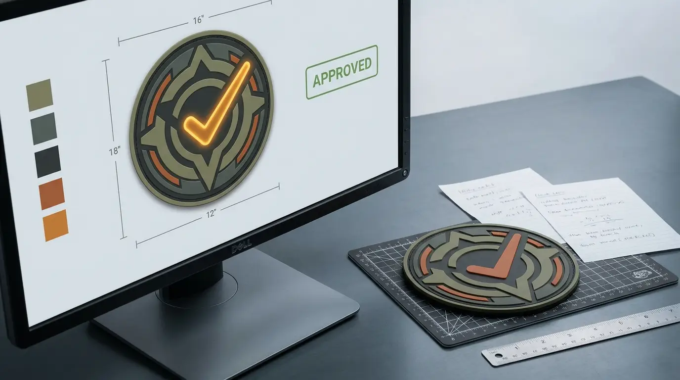 Digital PVC patch proof on a monitor beside a physical moulded sample patch on a desk