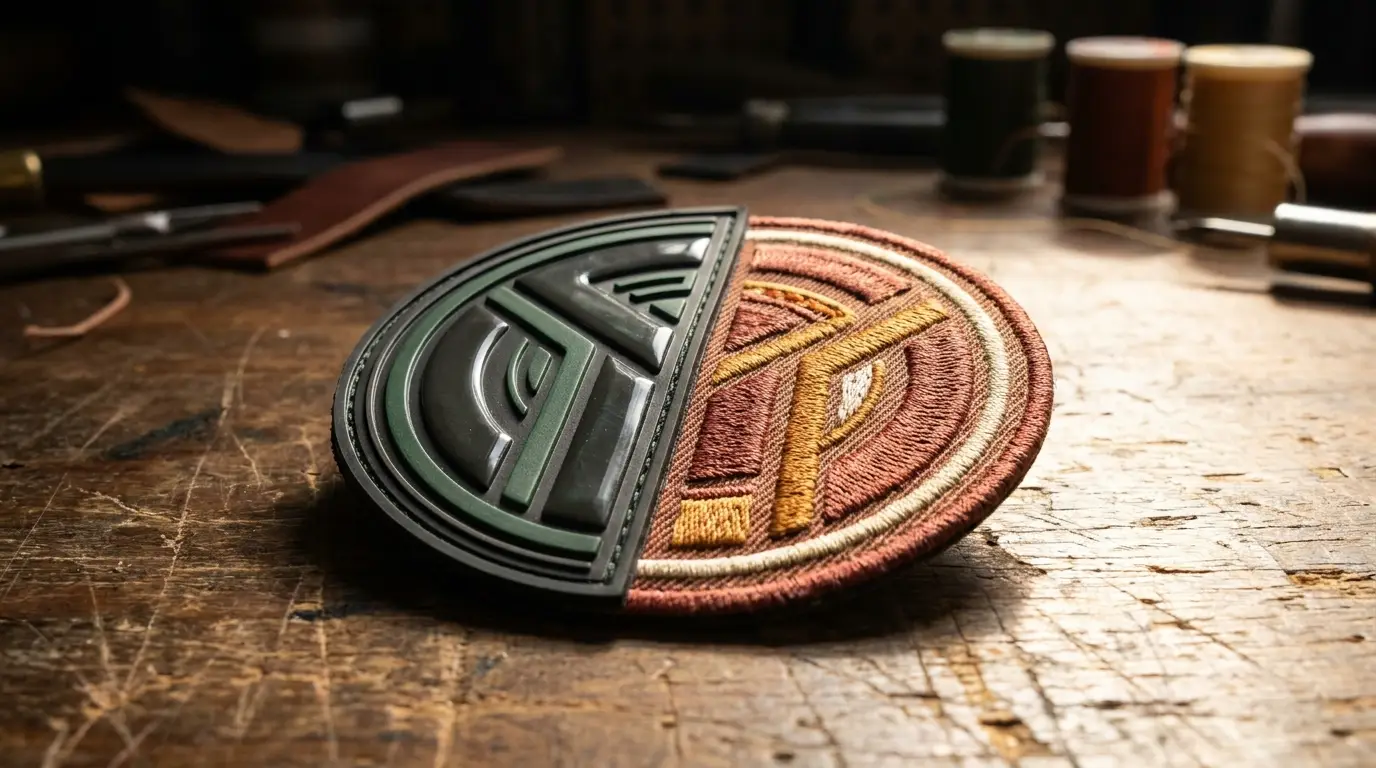 Dual-layer PVC and embroidery combination patch showing moulded rubber relief and stitched thread