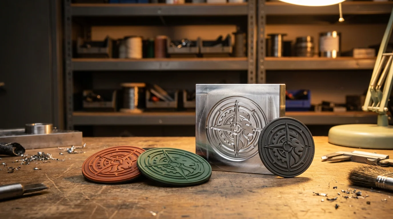 Engraved metal PVC patch mould beside finished raised rubber patches on a workshop bench