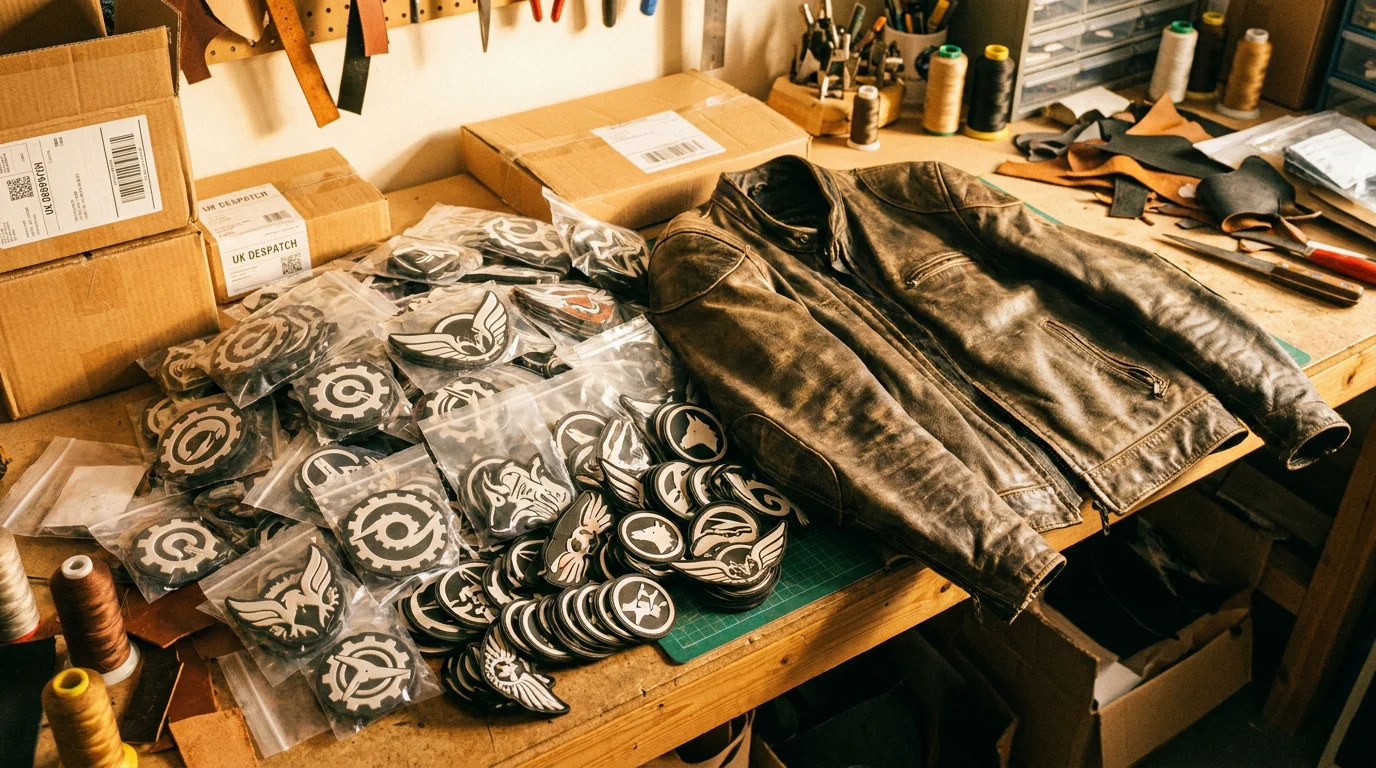 Finished custom motorcycle PVC patches packaged for UK despatch beside a leather jacket