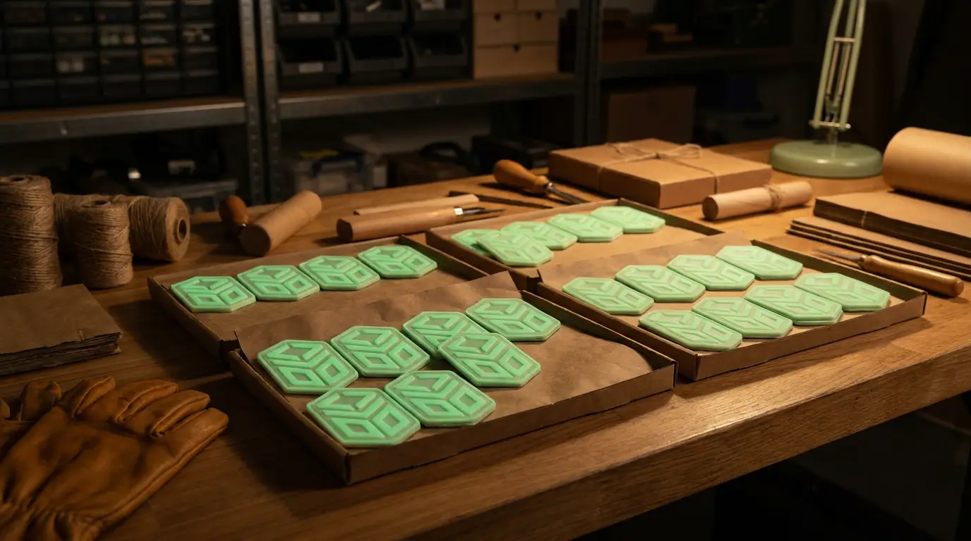 Finished glow-in-the-dark PVC patches on kraft packaging ready for despatch