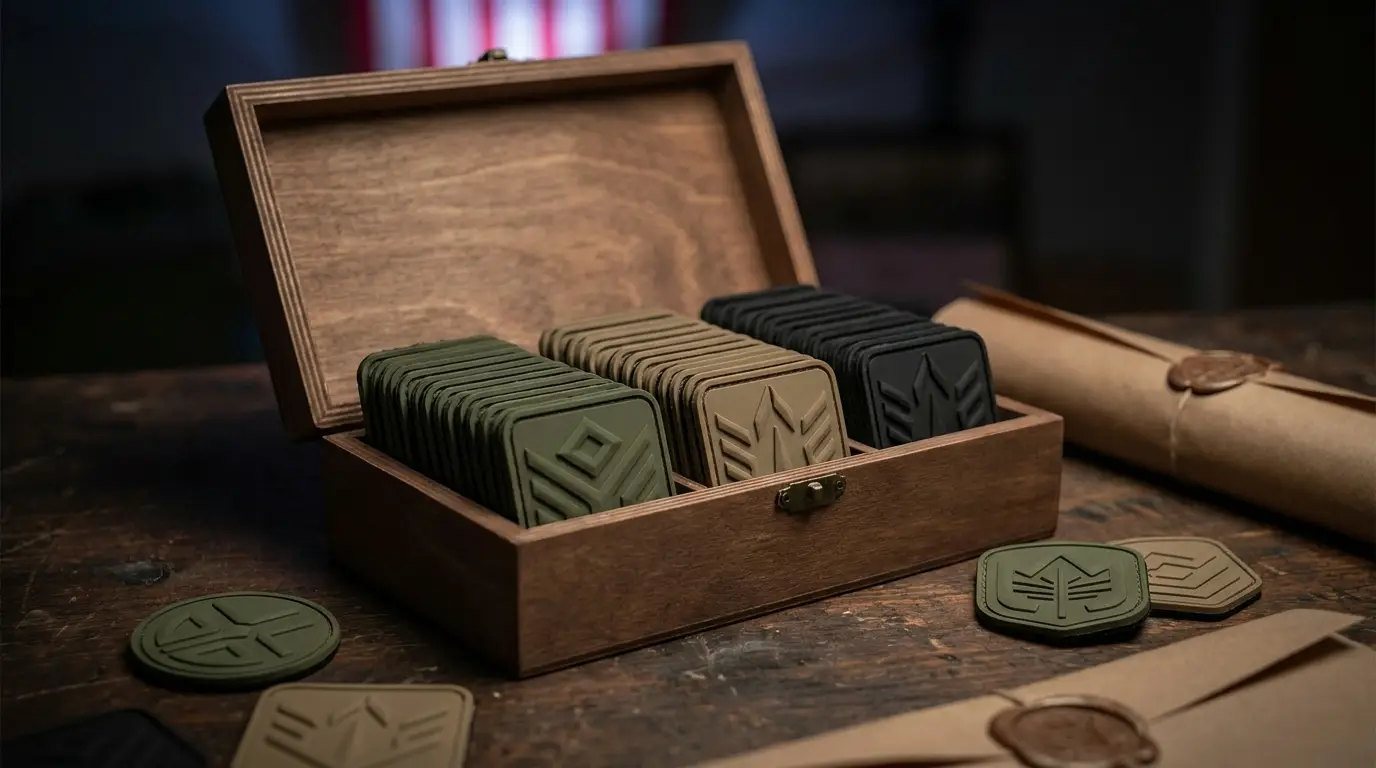 Finished subdued military PVC patches boxed and ready for UK and BFPO delivery