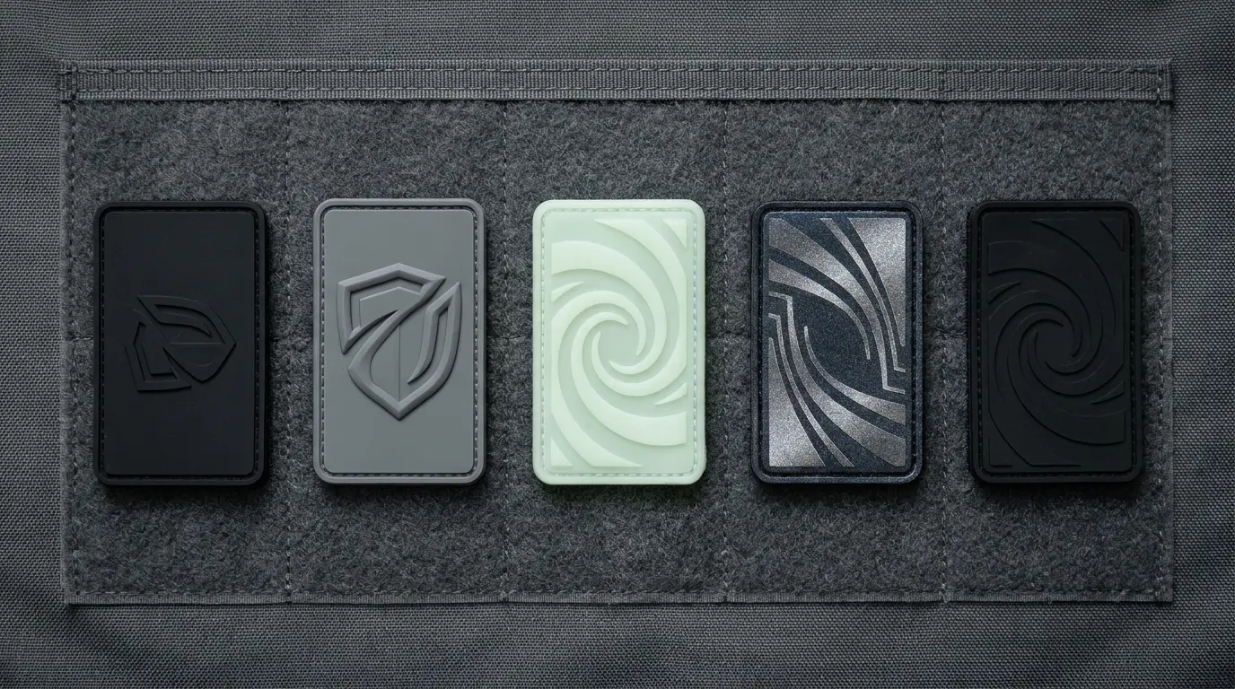 Five airsoft PVC patch types side by side on a dark tactical mat