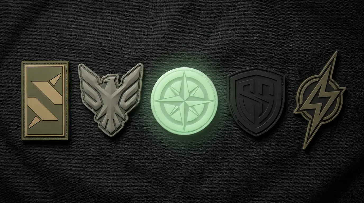 Five military PVC patch styles including subdued, 3D and glow formats