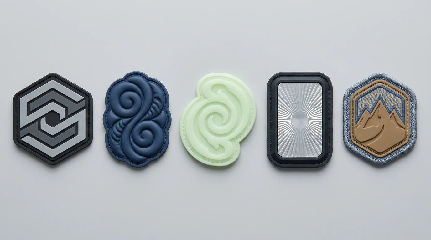 Five types of custom PVC patches displayed side by side