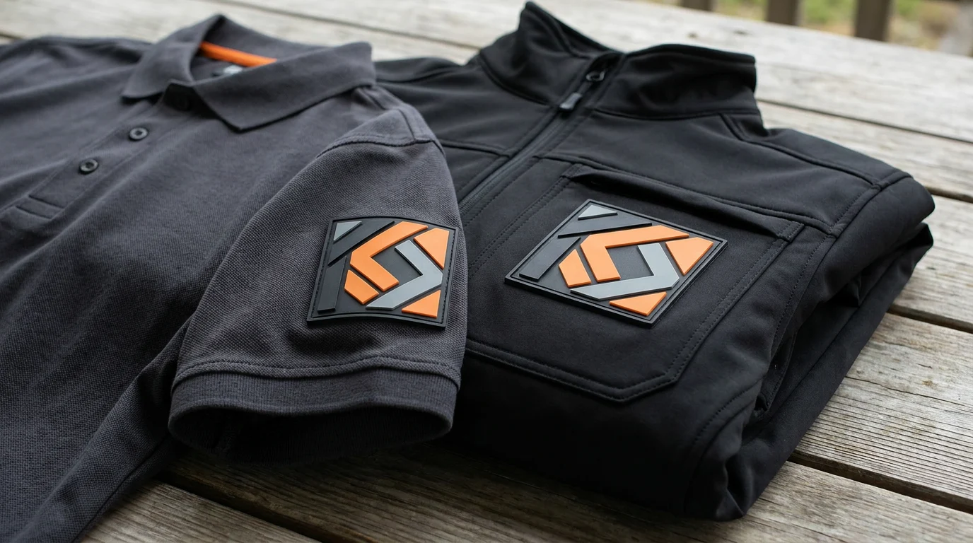 Flat 2D PVC patches applied to workwear and a security-style jacket