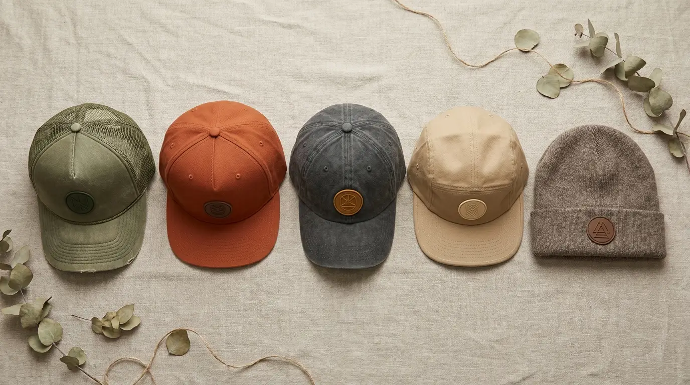 Flat-lay of five headwear types each fitted with a small rubber PVC patch