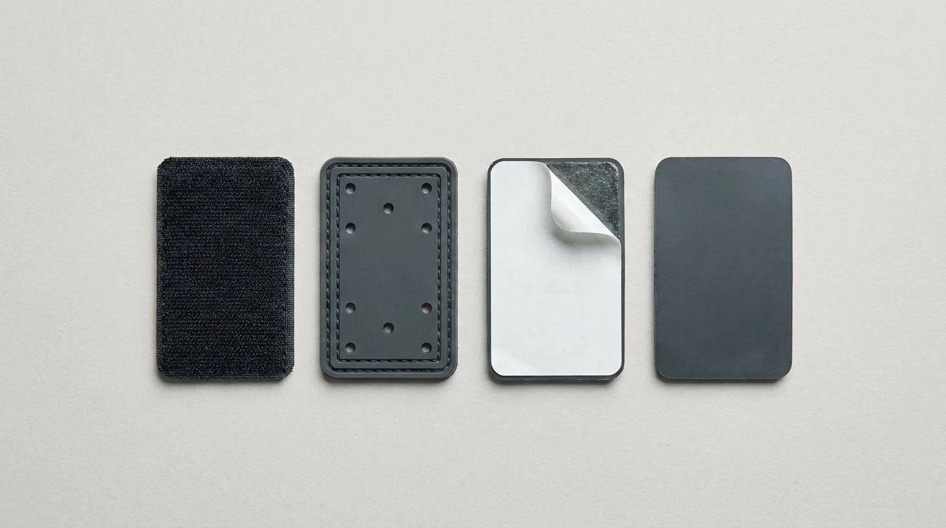 Four backing options for PVC patches shown from the reverse