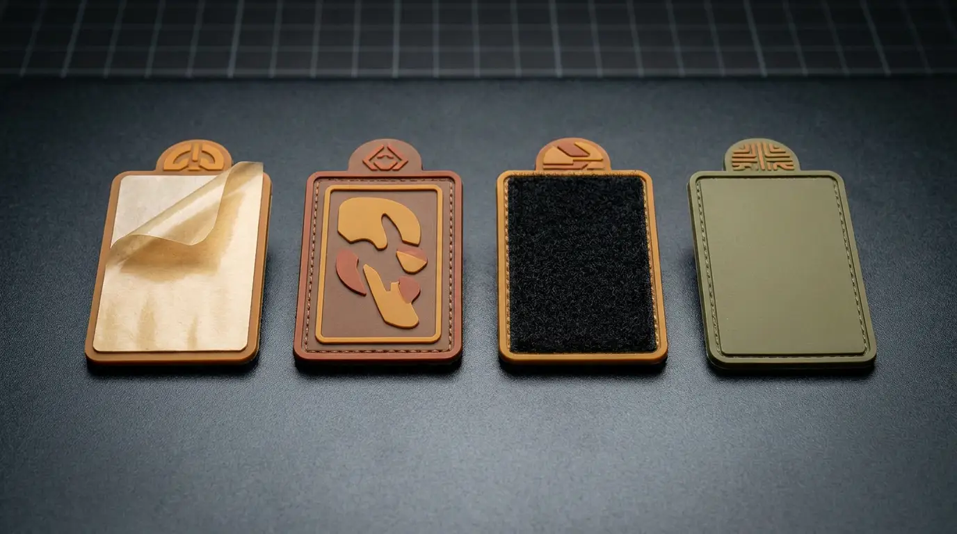 Four PVC patch backing types shown from the reverse side