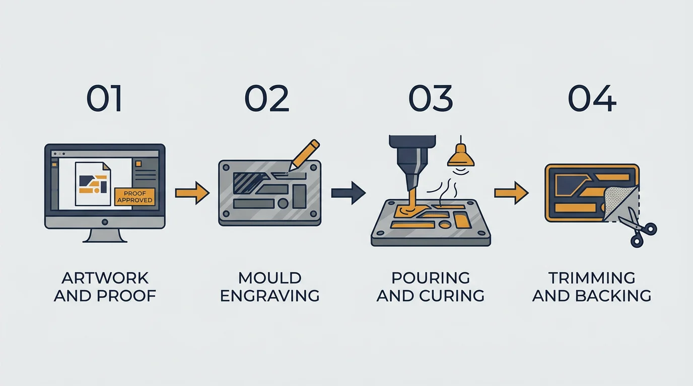 A five-step horizontal
timeline for ordering reflective PVC patches with label strings: “1 SEND
ARTWORK”, “2 QUOTE”, “3 APPROVE PROOF”, “4 PRODUCTION”, “5 UK DELIVERY”,
clean flat 