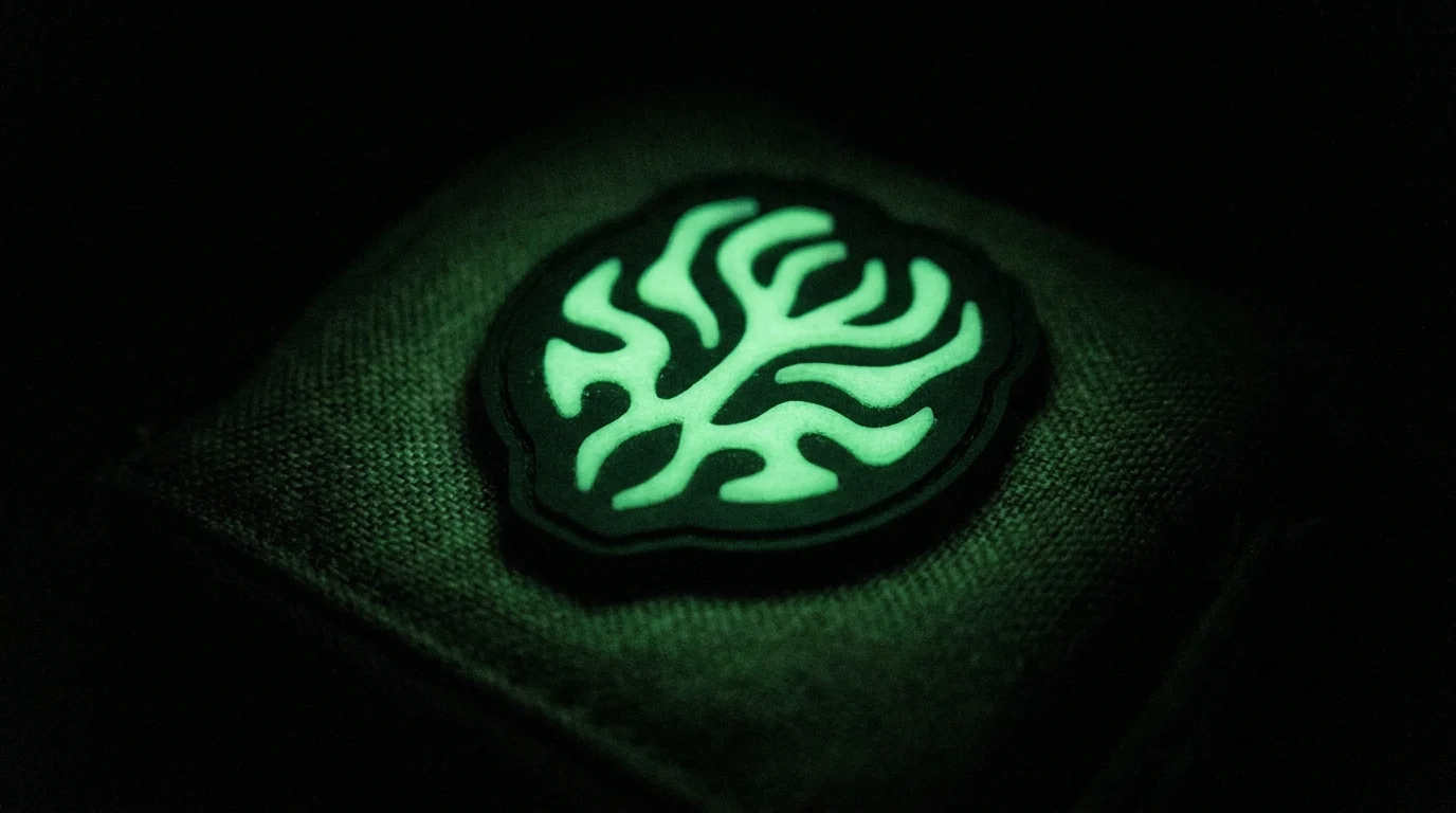 Glow-in-the-dark PVC patch emitting green light in darkness