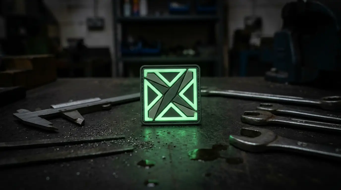 Glow-in-the-dark PVC patch emitting green phosphorescent light on a dark workbench