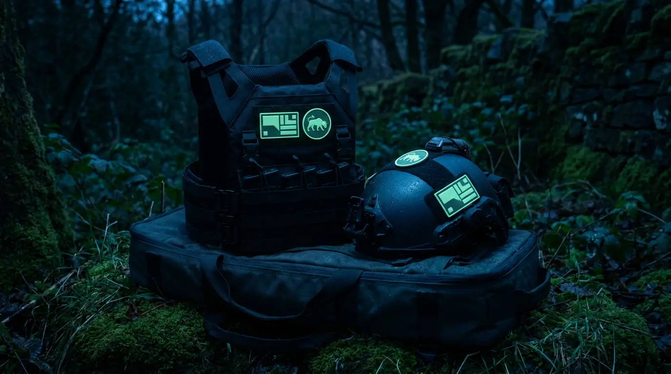 Glow PVC morale patches on tactical gear in a dark outdoor setting