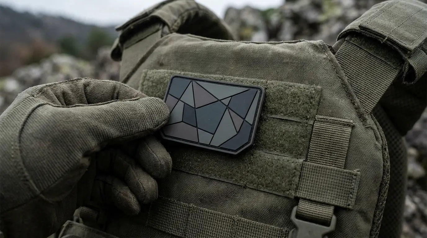 Hand attaching an abstract PVC patch to a loop panel beside MOLLE webbing