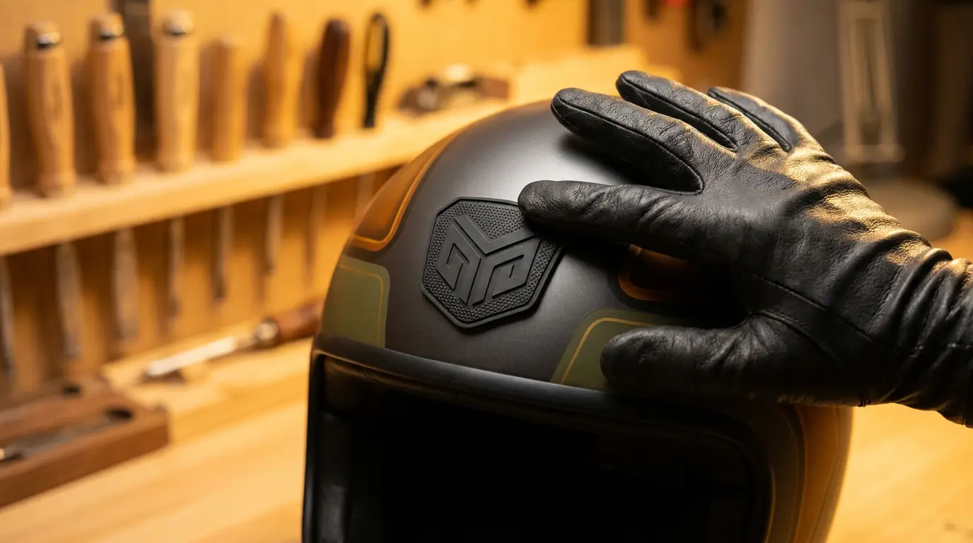 Hand pressing a moulded PVC patch firmly onto a smooth matte helmet