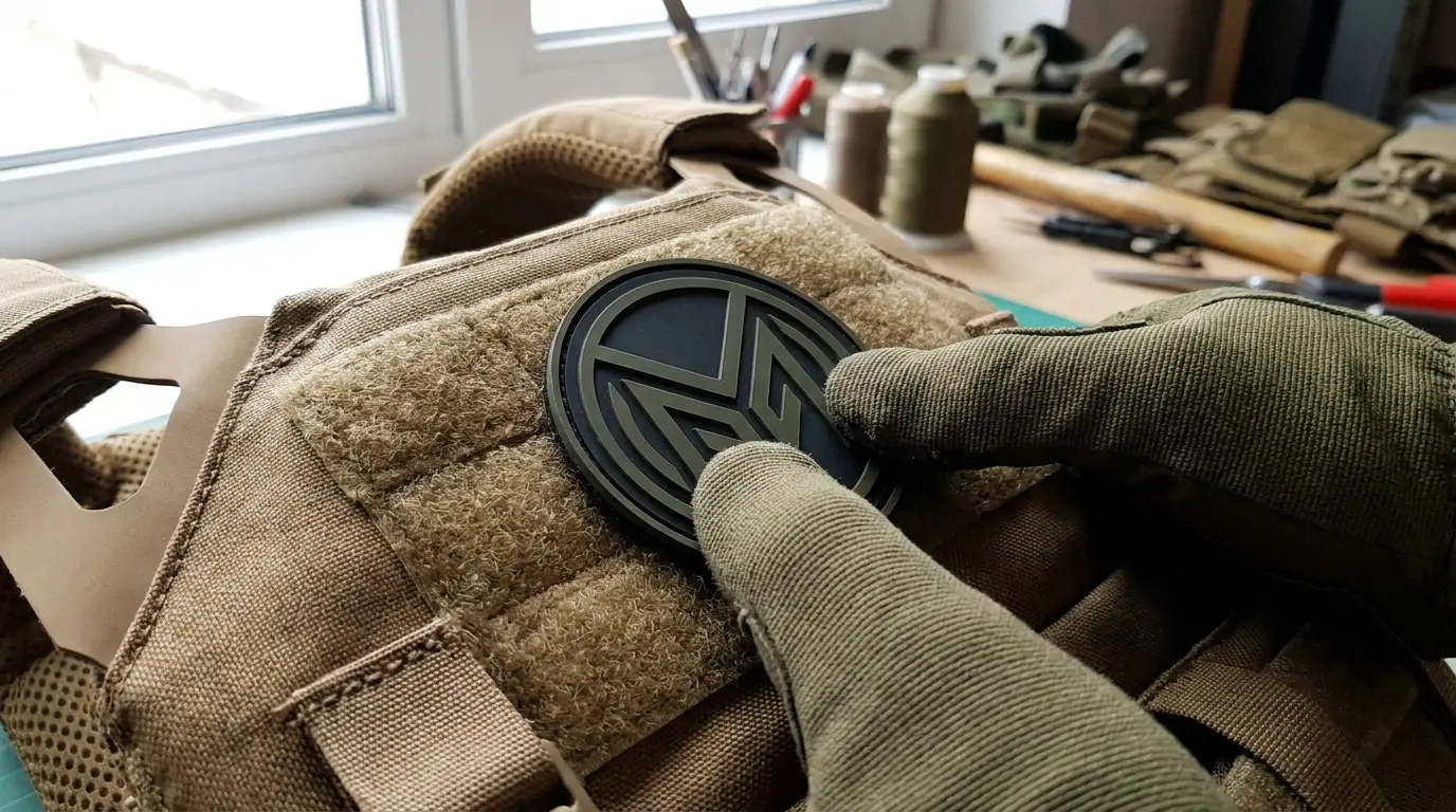 Hands pressing a hook-backed PVC patch onto a tactical loop field